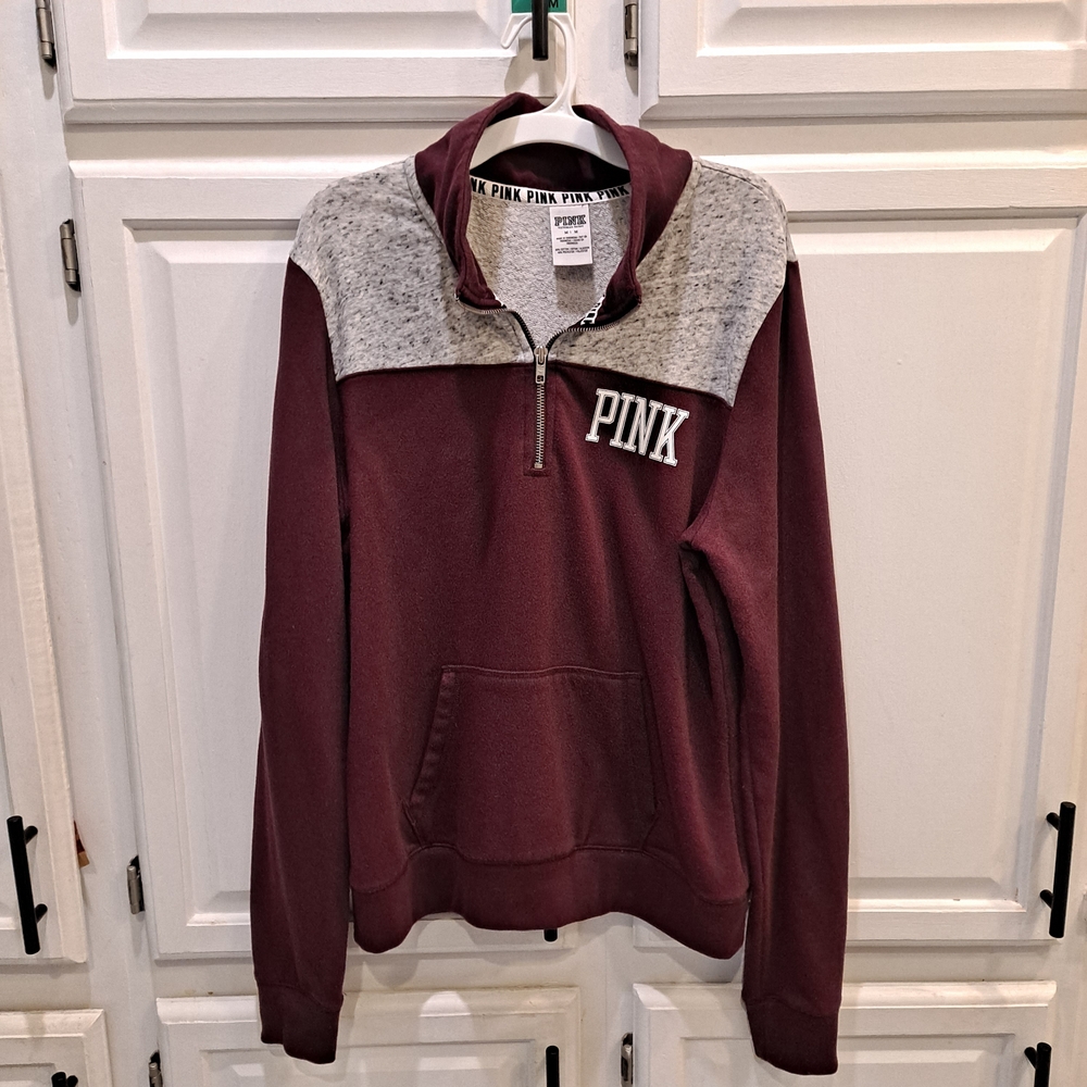 PINK Victoria's Secret Maroon & Gray Qtr Zip-Up Sweatshirt W/Kangaroo Pocket